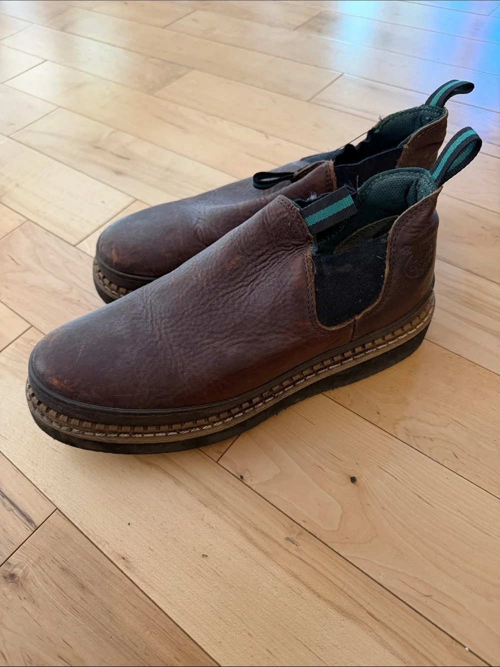 Georgia Boot Brown Leather Slip-On Loafers with Teal Accent